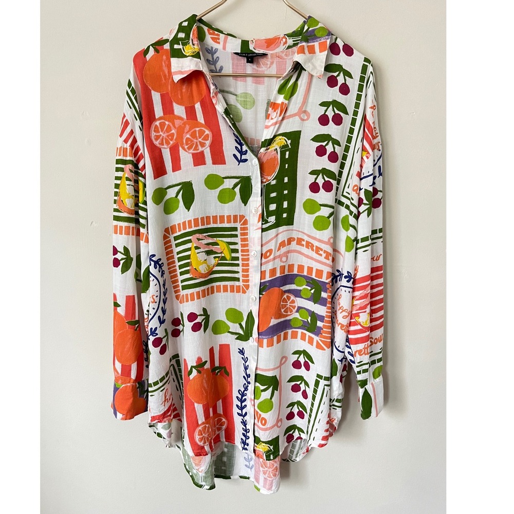 Club Z Collection Fruit Aperitivo Print Rayon Button Down Shirt Womens L